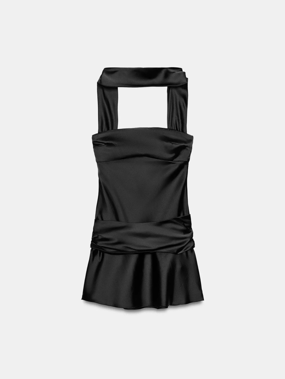 Zara Black Satin Square-Neck Mini Dress with Draped Waist